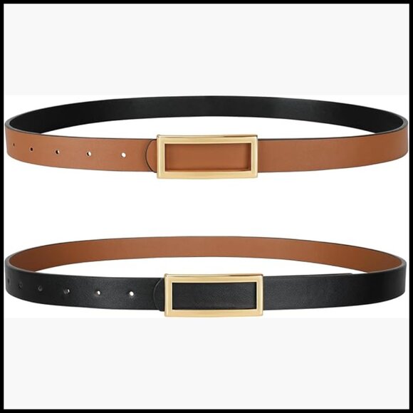 Reversible Skinny Faux Leather Belt with Gold Buckle for Women
